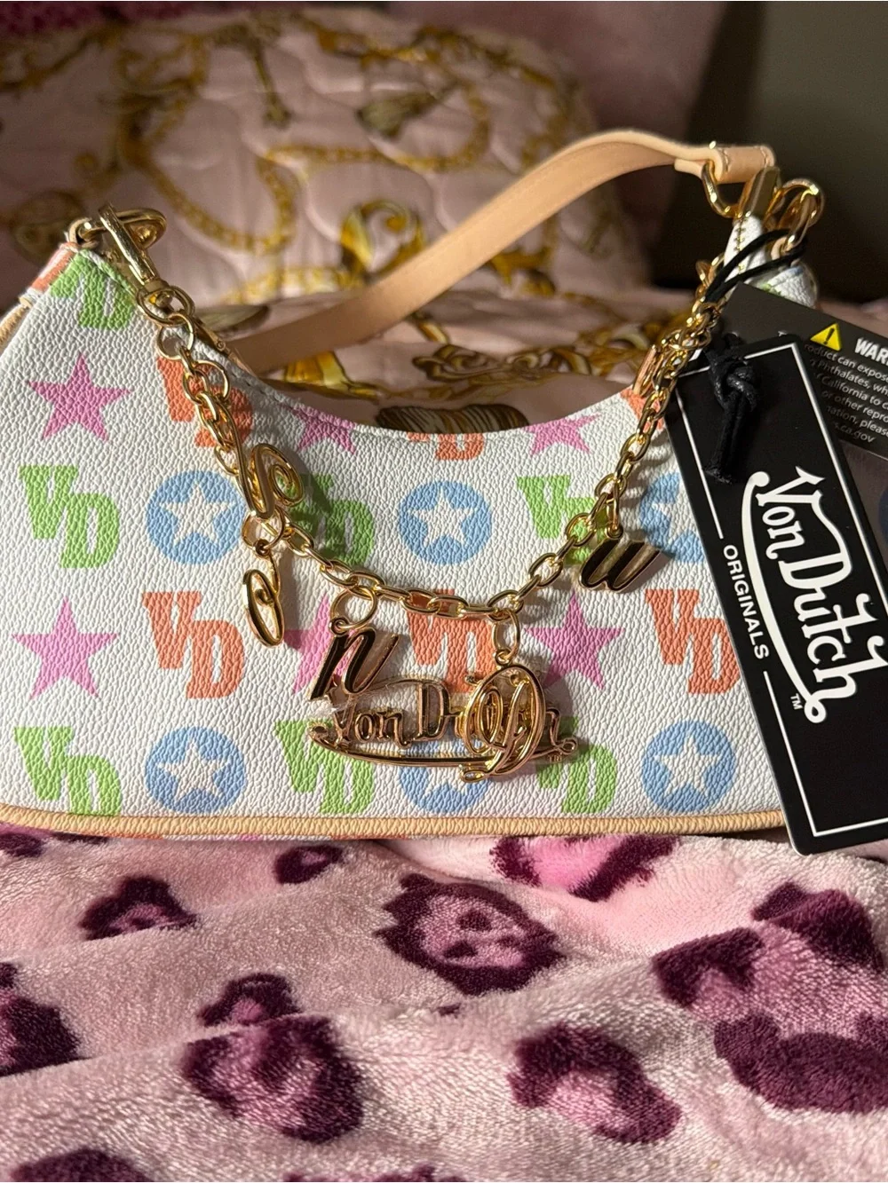 Von Dutch White Shoulder Bag with Pastel Pink, Green & Blue Logo Print